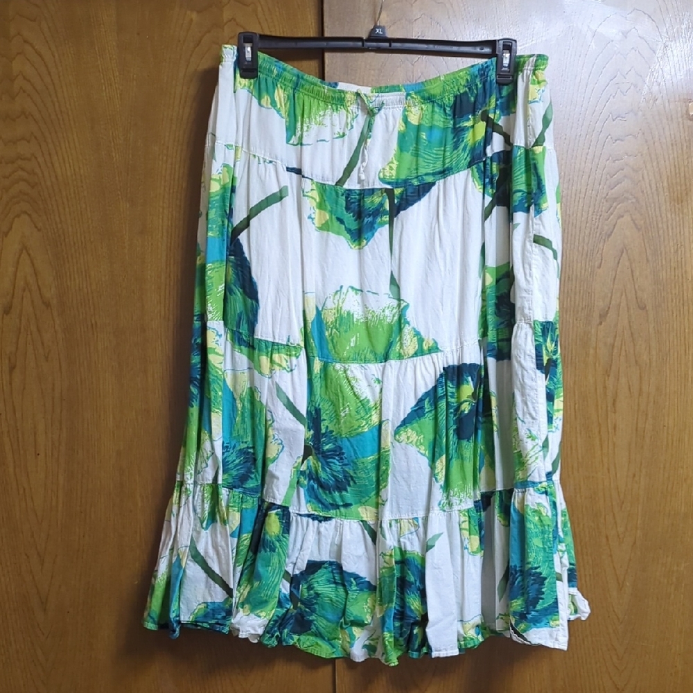 CJ Banks Green and White Floral Midi Skirt